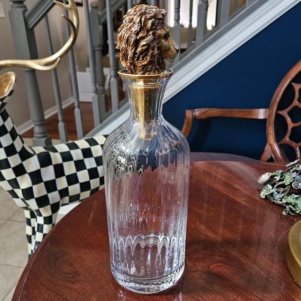 RARE JAY STRONGWATER LION JUNGLE CRYSTAL ENAMEL WINE BOTTLE DECANTER STOPPER